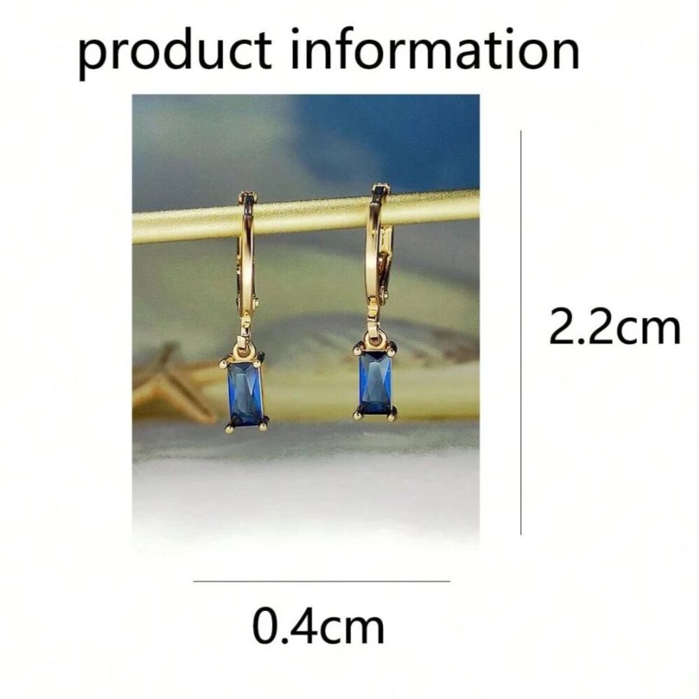 Rectangle Blue Zirconia Crystal Drop Hoop Gold Earrings Emerald Cut Gemstone New - Picture 5 of 5